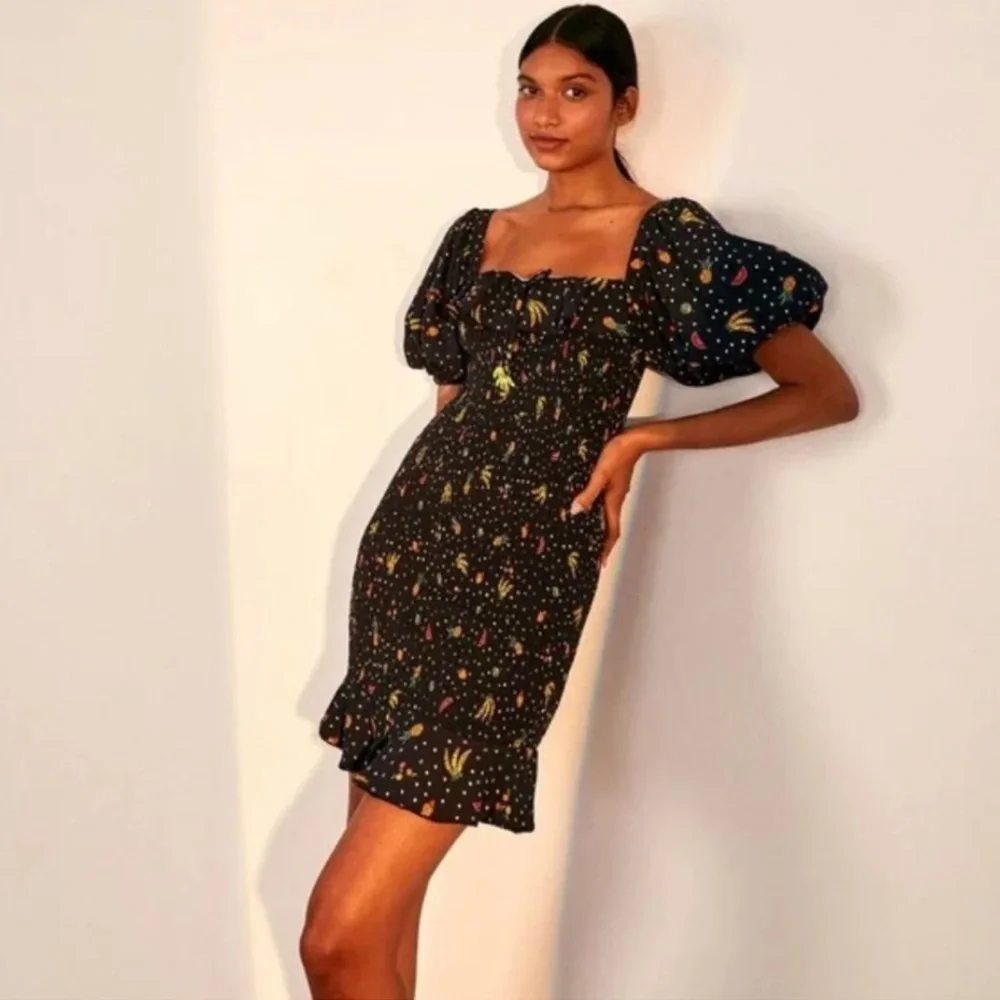 FARM Rio Tiny Fruits Smocked Black Puff Sleeve Mini Tropical Fruit Dress - Picture 4 of 11
